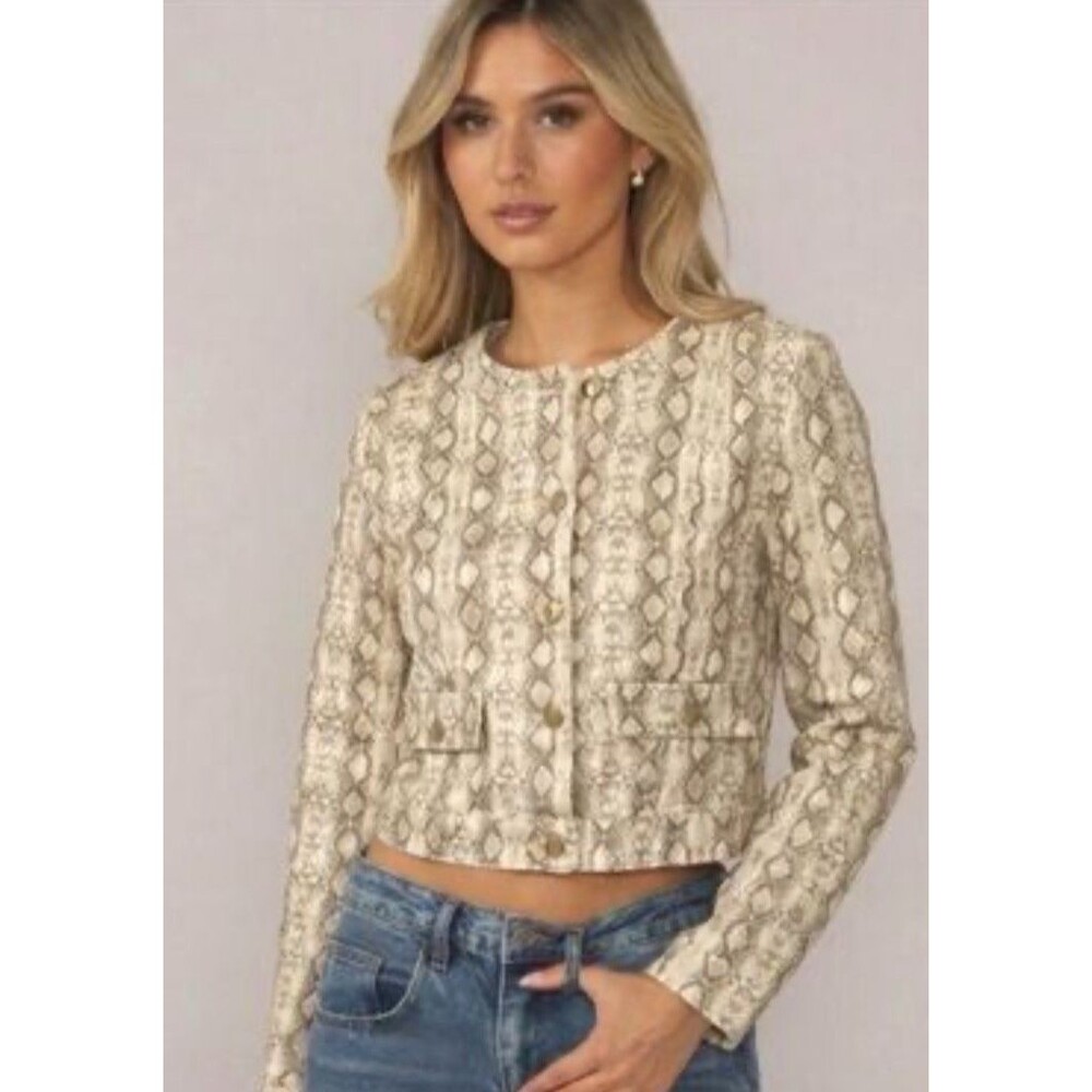 Zara Cropped Snake Skin Print Jacket SM 100% Cotton Metallic Gold Buttons Edgy